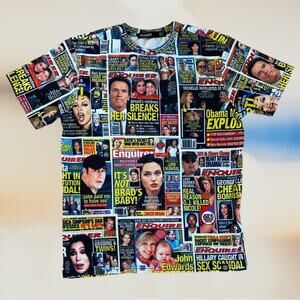 Hudson Outerwear tabloid National Enquirer news cover collage tshirt